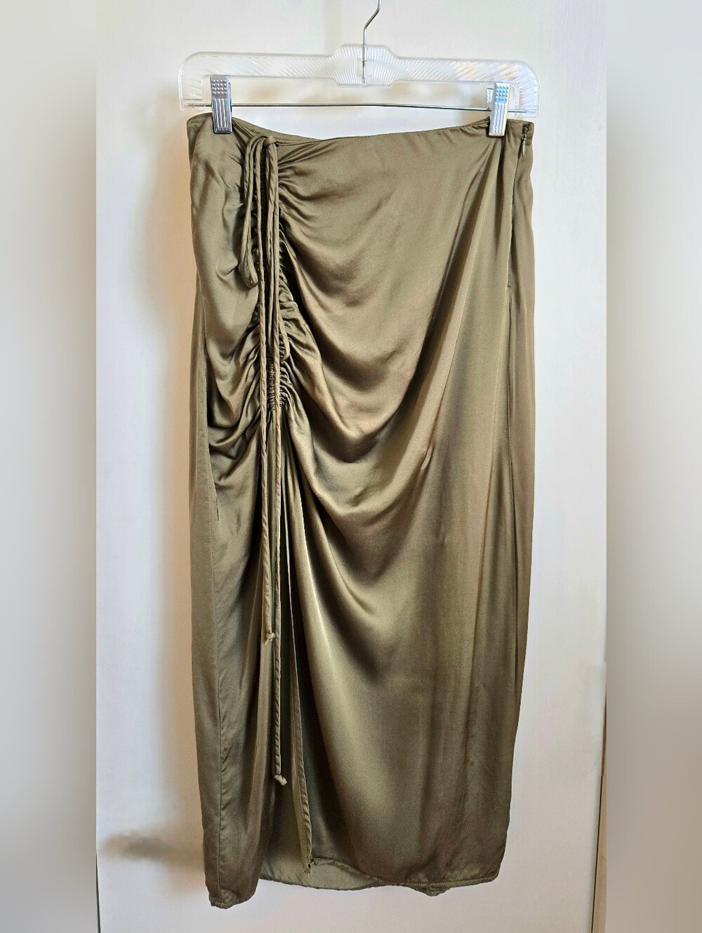 Olive Drawstring Ruched Maxi Skirt